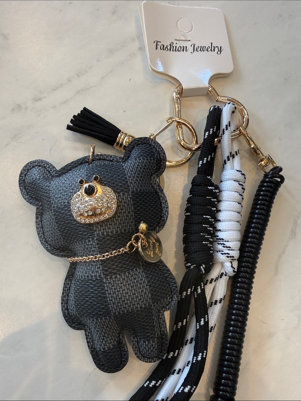 NWT Non-Branded Black Checkered Bear Bag Charm Fashion Keychain